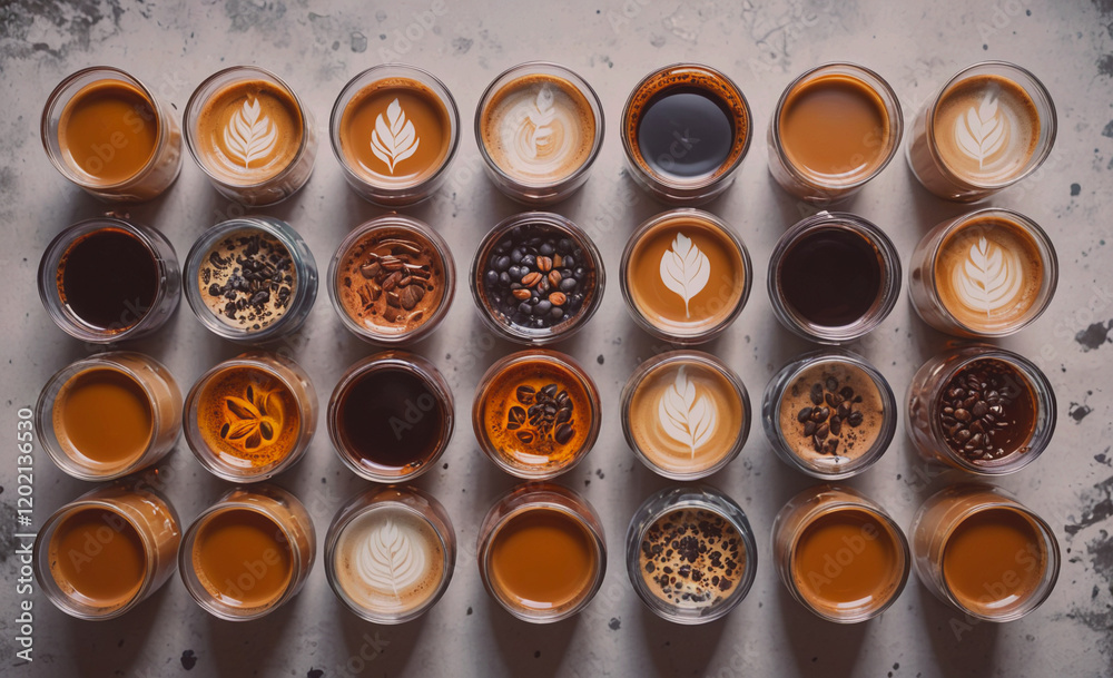 Poster a row of coffee cups with different flavors and designs. the cups are arranged in a neat row, with s