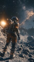 Fototapeta premium A lone astronaut explores a rocky extraterrestrial landscape under a starry sky
