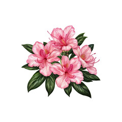 Obraz premium Pink Azalea Bouquet: Delicate pink azalea blossoms in full bloom, their soft petals and vibrant green leaves creating a charming botanical illustration.