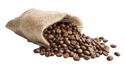 Fototapeta premium Freshly Roasted Coffee Beans Spilling from a Burlap Sack Isolated on Transparent Background 