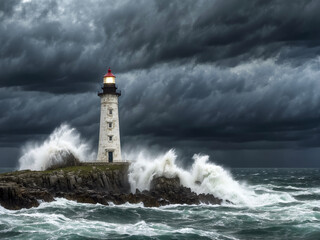 Low angle view of lighthouse by sea against storming sky