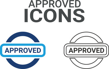Approved icon. It contains accept, certified, thumps up, agreement, approve, validation, seal approved, confirmation, and decision icons. Solid icon set—vector illustration.