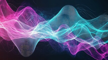 Fototapeta premium Vibrant pink and cyan sound wave oscillation flows smoothly across a dark background in abstract motion.