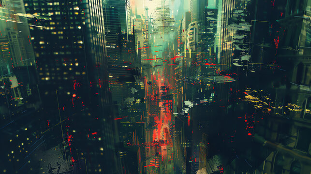 Illustrate a futuristic cityscape with twisting skyscrapers plunging into darkness Use glitch art to convey a sense of unease, playing with unexpected camera angles for a thrilling effect