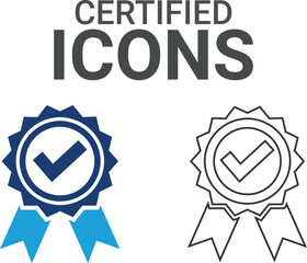 Certified icon. It contains accept, certified, thumps up, agreement, approve, validation, seal approved, confirmation, and decision icons. Solid icon set—vector illustration.