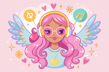 Pink angel with heart-shaped sunglasses and Valentine's Day Y2K aesthetic
