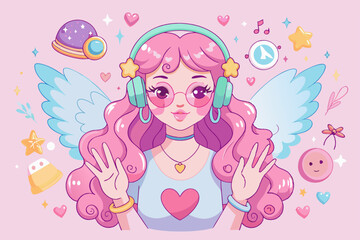 Pink angel with heart-shaped sunglasses and Valentine's Day Y2K aesthetic