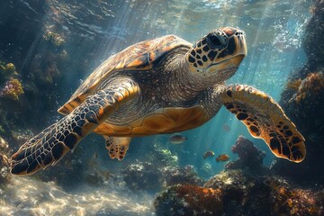 Fototapeta premium hyperrealistic underwater scene of sea turtle gliding through crystal clear waters, sunbeams creating ethereal light patterns on its ancient shell
