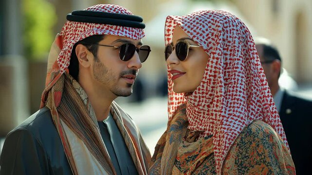 A Dubai-based man and lady talking while wearing kandura and an abaya.