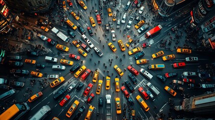 Aerial view of busy city intersection with yellow cabs, traffic jam, and pedestrians
