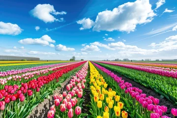 Fotobehang Clear Pixel Image of Tulip Field in Full Bloom Under a Bright Blue Sky © tomy