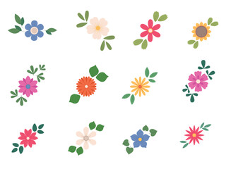 Abstract flowers with green leaves, top view. Spring flora. Flat vector illustration on white background