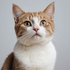 Obraz premium Cute orange cat looking upwards, close-up of its head isolated on a light grey background, perfect for pet-themed designs and adorable animal illustrations