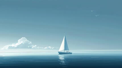 A serene sailboat glides across calm blue waters under a tranquil sky. Ideal for backgrounds, travel posters, or promoting a sense of peace and adventure.