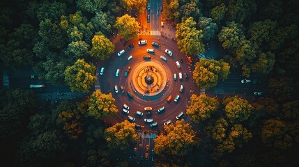 Aerial view of roundabout with traffic at dusk, surrounded by trees