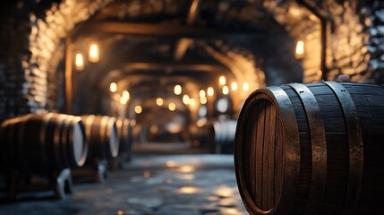 Wine cellar with wooden barrels aging in warm torchlight