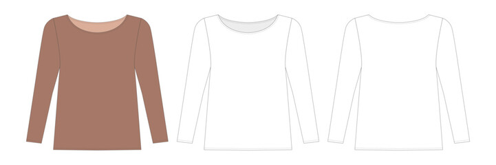 Long sleeve shirt front and back view. Blank templates of long sleeve t-shirt. Femal thermal underwear. Vector illustration