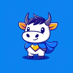 Cute superhero cow cartoon, blue background, children's book illustration