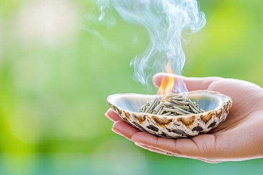 Native American smudging ceremony featuring burning sage in abalone shell with smoke rising against a natural background