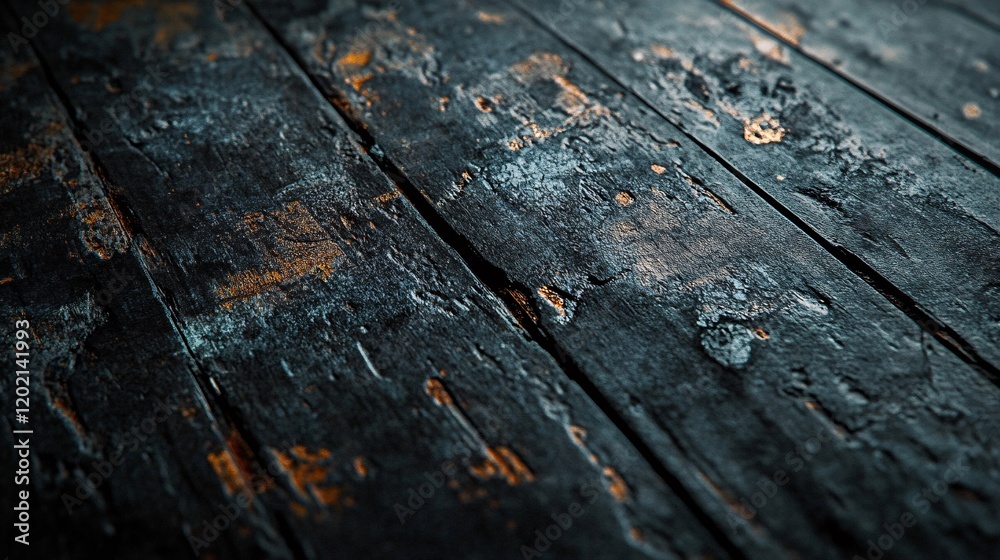 Poster Dark wooden planks showing rough texture and cracks creating dramatic background