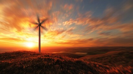 Obraz premium Wind turbine against a vibrant sunset backdrop.