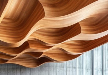 Abstract wooden ceiling design showcasing intricate wave patterns and a blend of warm tones for a modern architectural aesthetic in interior spaces