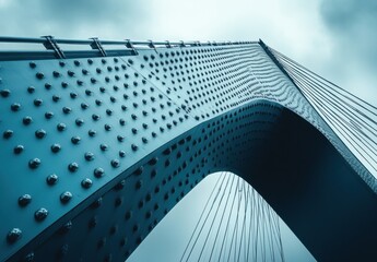 Architectural Detail of a Modern Bridge with Unique Design Elements and Patterns Captured from an Upward Angle against a Dramatic Sky