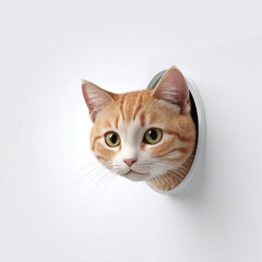 Cute cat peeking from behind a white wall from hole, showcasing an adorable and playful moment perfect for pet-themed designs, decor, and illustrations