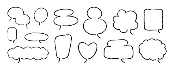Fototapeta premium Crayon Speech Bubbles Vector Set. Chalk Scribble Talking Clouds Shapes Collection. Black Hand Drawn Brush Texture Dialogue Frames. Pencil Emphasis Elements Charcoal Doodle Talk Balloons Bundle