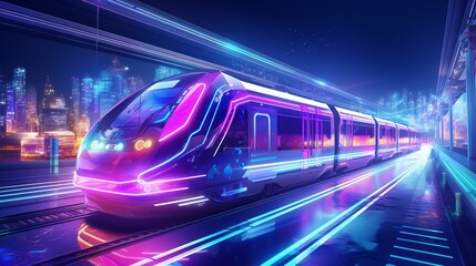 Fototapeta premium Futuristic train gliding through a neon-lit urban landscape at dusk. Generative AI
