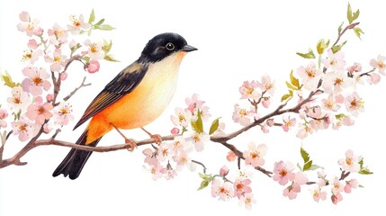Obraz premium Beautiful Bird Perched on Cherry Blossom Branch in Spring Season