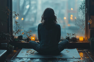 Fototapeta premium A person sitting in a room with little natural light, gazing out at a gray sky, feeling the impact of a lack of sunlight.