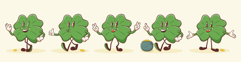 Saint Patrick Day Groovy Lucky Shamrock Retro Character Set. Cartoon Green Clover Trefoil and Gold Coins Pot Cauldron Personage Collection. Vector Irish Holiday Mascot Template Illustrations. Isolated
