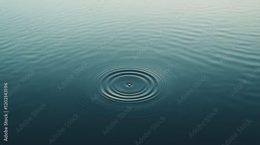 Poster Single drop of water creating expanding circular ripples on a calm lake surface with soft, diffused light, creating a tranquil and meditative atmosphere