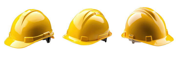 Fototapeta premium A Set of Safety Yellow Hard Hat Helmet with Side Angle View, Designed for Construction Site Safety Isolated on Transparent Background