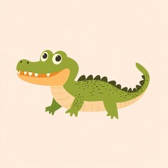Fototapeta premium Green cartoon alligator walking on beige background, for children's books, educational use
