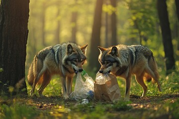 Fototapeta premium Two wolves collecting garbage in the forest. Concept of environmental pollution, environmental protection, care for nature
