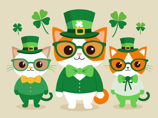 Cute cartoon cats in St. Patrick's Day leprechaun outfits with shamrock decorations

