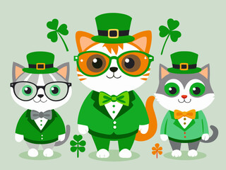 Cute cartoon cats in St. Patrick's Day leprechaun outfits with shamrock decorations

