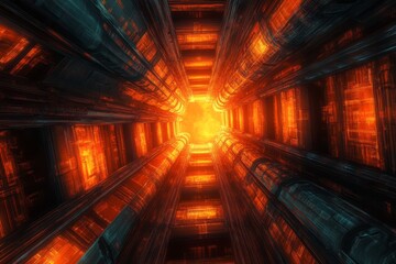 Glowing Orange Futuristic Corridor Digital Artwork