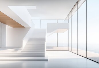 Fototapeta premium Bright and Spacious Modern Interior with Minimalist Staircase and Floor-to-Ceiling Windows Overlooking the Serene Landscape and Natural Light