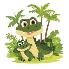 Naklejka premium Happy crocodiles family in tropical paradise; ideal for kids' books