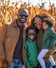 African American family, two parents and their kids posing for the camera in front of corn field 