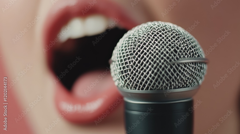 Poster close up of a singer's vibrant red lips passionately singing into a microphone, encapsulating the dy