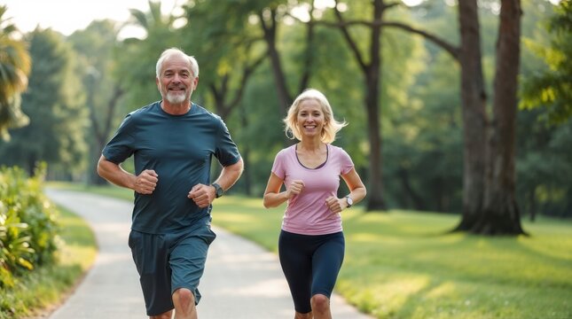A joyful senior couple jogging together in nature