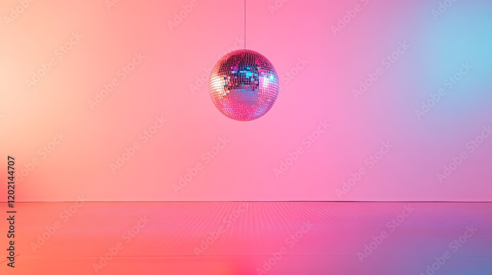 Aufkleber shiny disco ball hanging from the ceiling in an empty room illuminated with pink and blue lighting, 