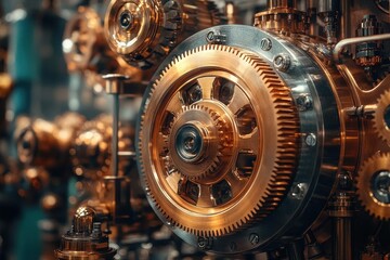 Fototapeta premium intricate steampunk composition of brass and copper gears in motion, with detailed mechanical elements and vintage industrial aesthetic
