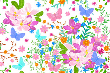 seamless texture with flowers and colorful leafy twigs, butterflies. floral pattern