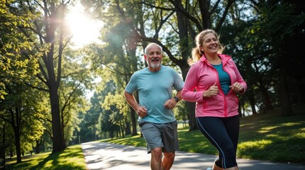 Fototapeta premium A joyful senior couple jogging together in nature
