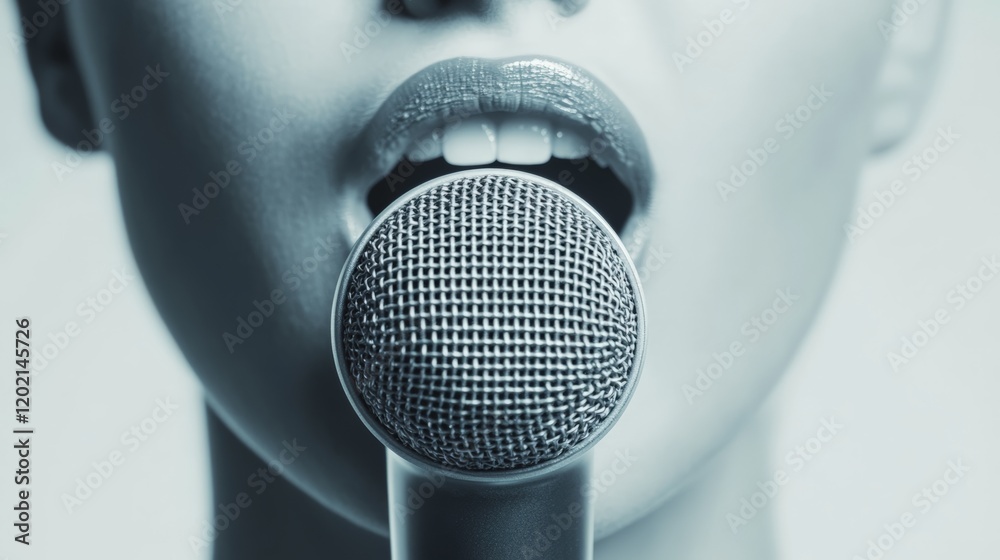 Poster close up of a singer's mouth singing into a microphone, showcasing the passion and energy of a live 